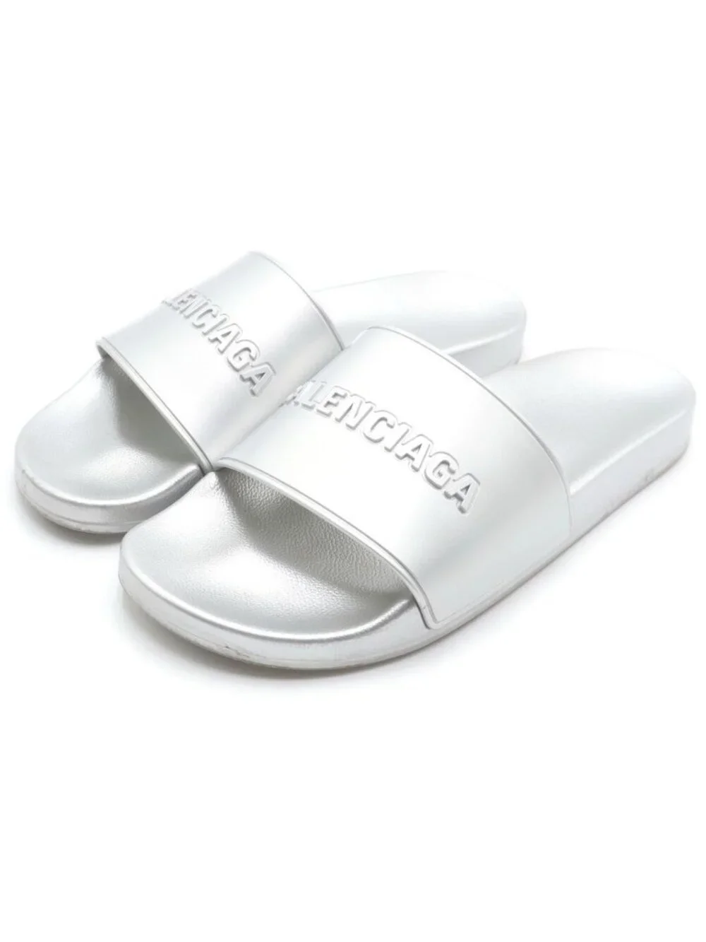 Balenciaga Logo Rubber Slide Flat Sandals Shoes Silver